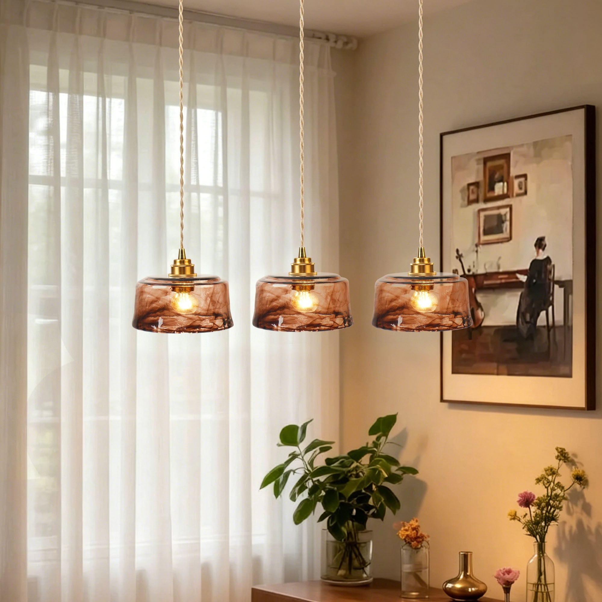 Dehowell 3-Light Island Pendant With Amber Glass Shade (Set of 3)