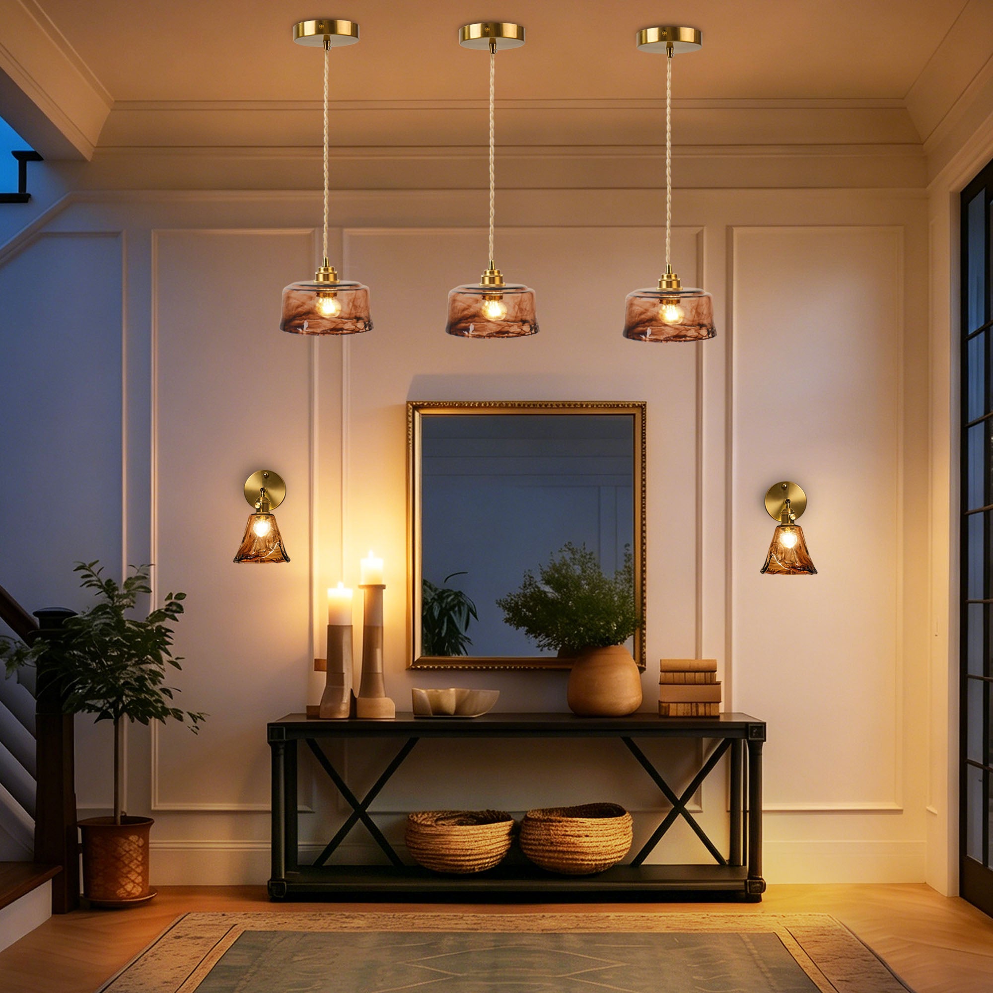 Dehowell 3-Light Island Pendant With Amber Glass Shade (Set of 3)
