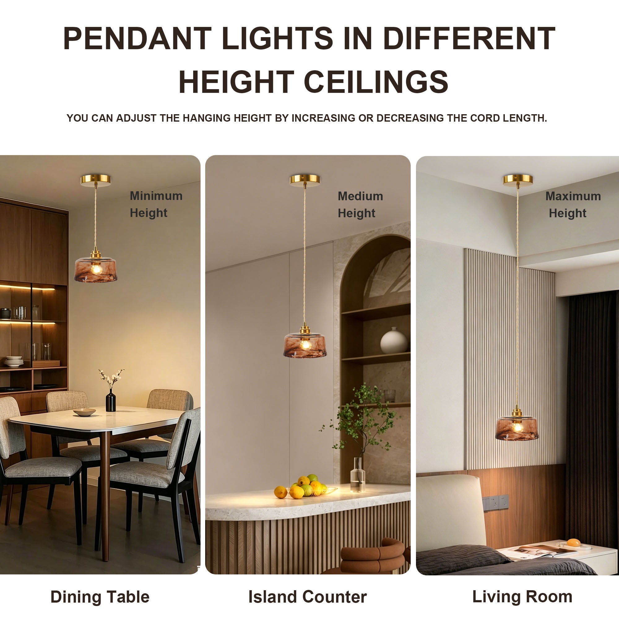 Dehowell 3-Light Island Pendant With Amber Glass Shade (Set of 3)