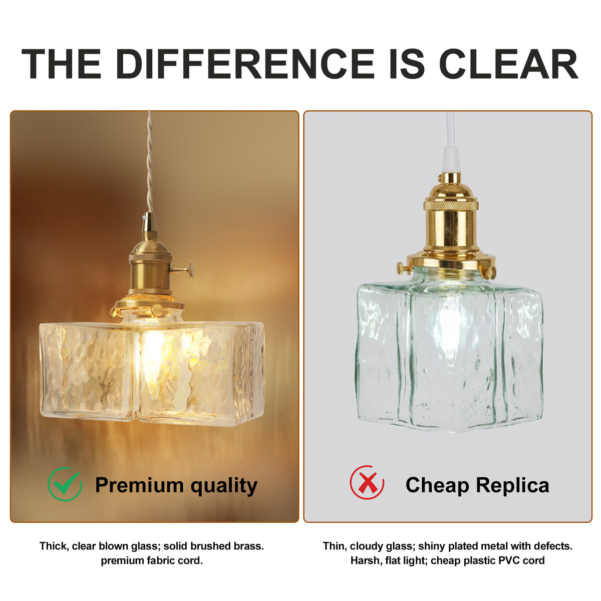 Modern Textured Square Glass Pendant With Brass Fixture for Kitchen Island Lighting