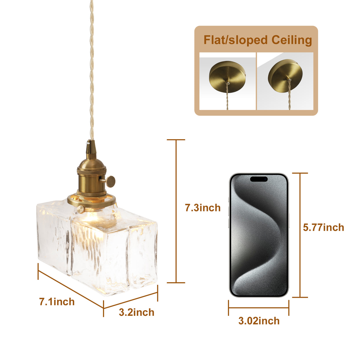 Modern Textured Square Glass Pendant With Brass Fixture for Kitchen Island Lighting