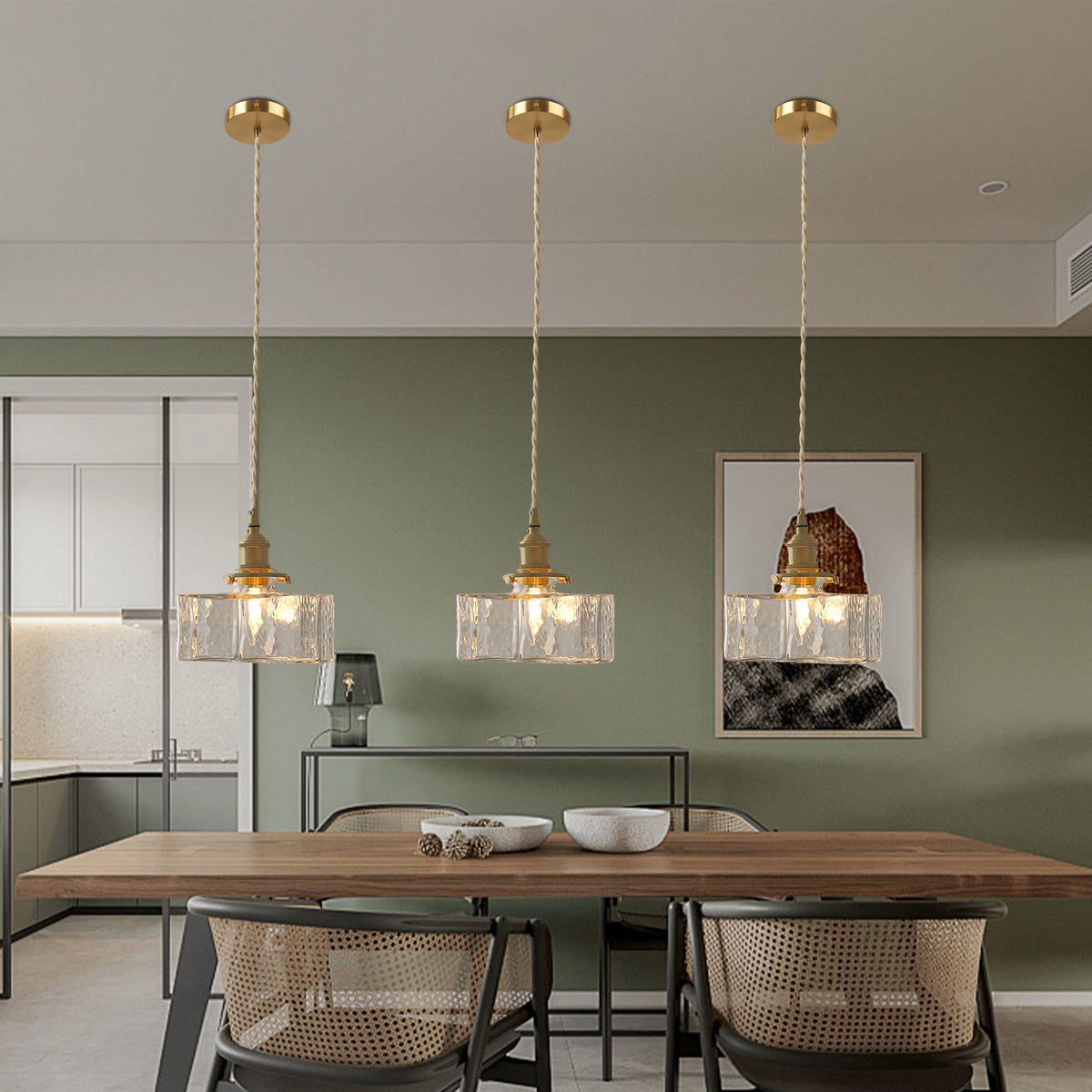 Modern Textured Square Glass Pendant With Brass Fixture for Kitchen Island Lighting