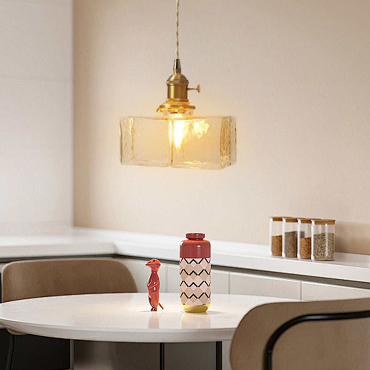 Modern Textured Square Glass Pendant With Brass Fixture for Kitchen Island Lighting