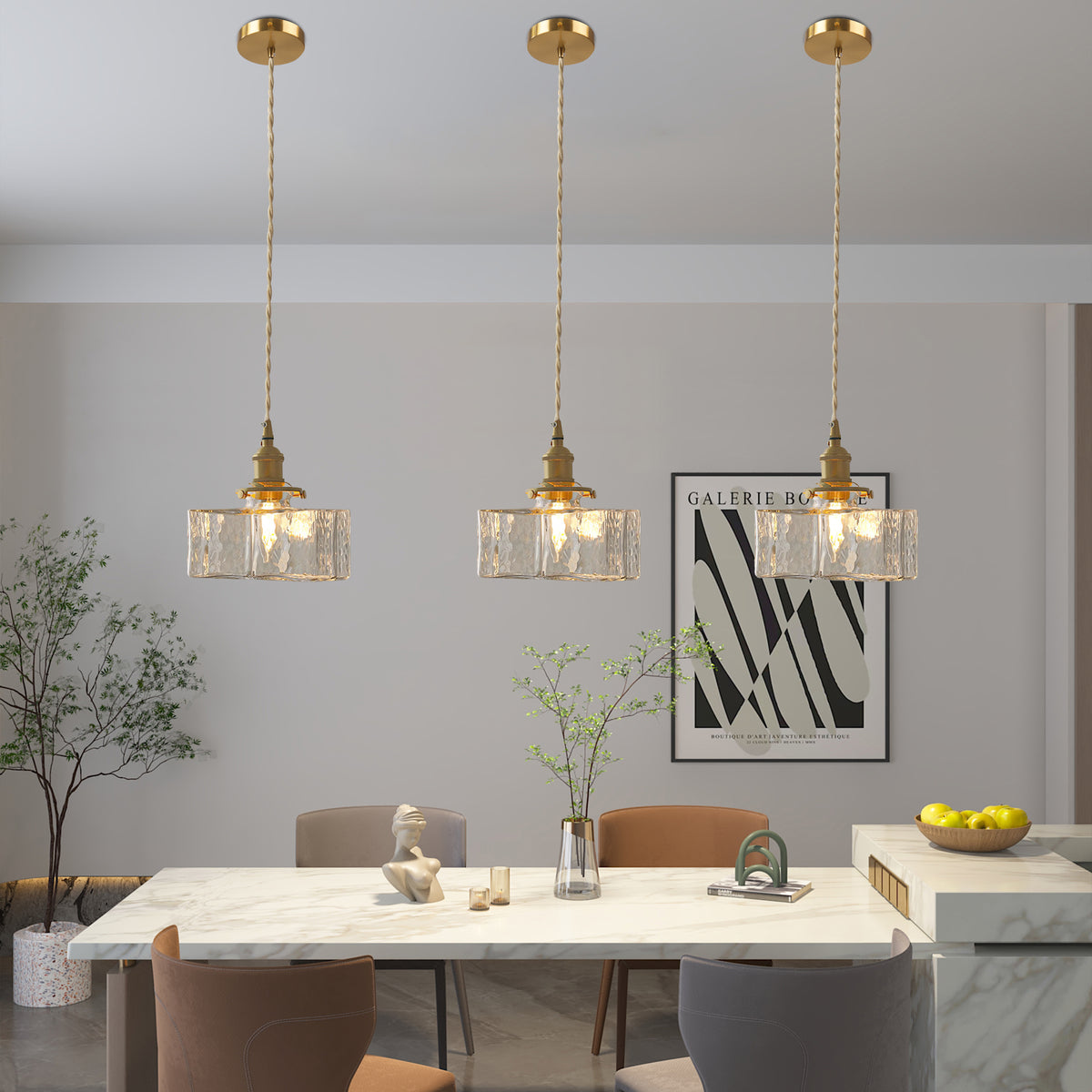 Modern Textured Square Glass Pendant With Brass Fixture for Kitchen Island Lighting