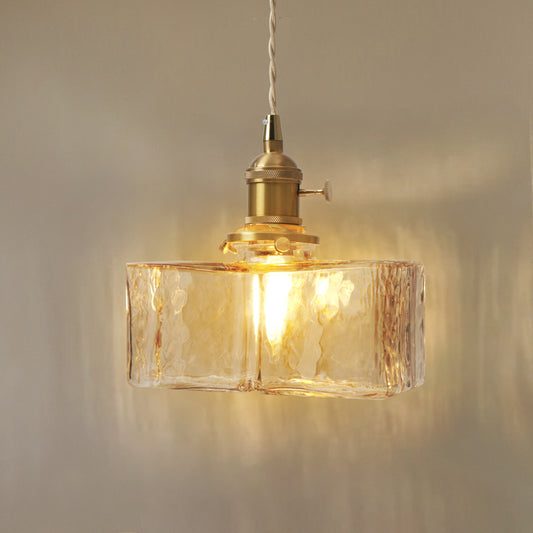 Modern Textured Square Glass Pendant With Brass Fixture for Kitchen Island Lighting