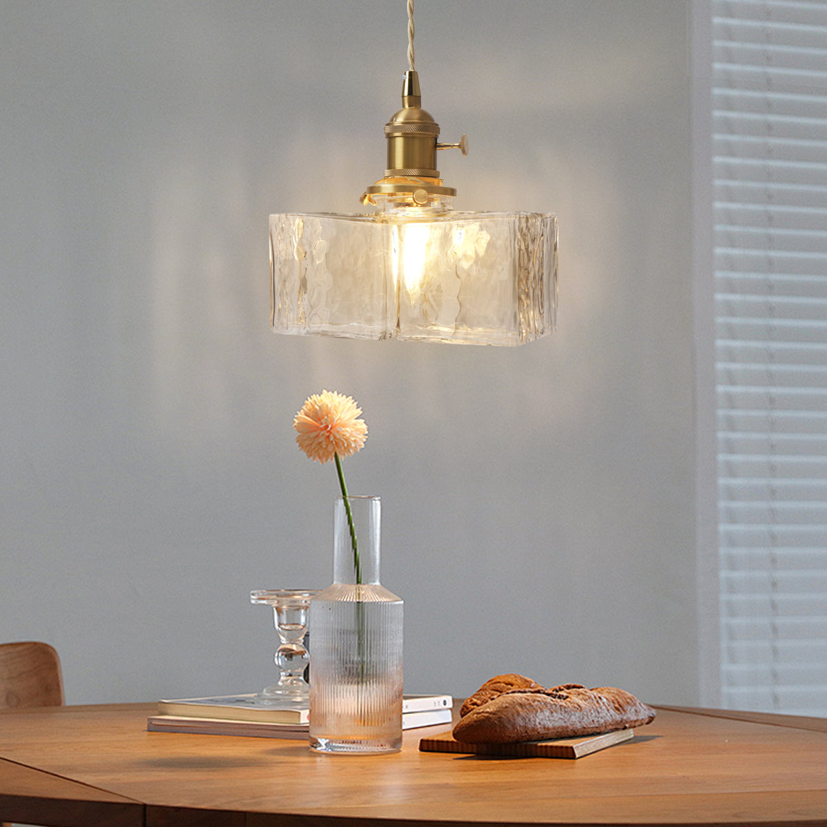 Modern Textured Square Glass Pendant With Brass Fixture for Kitchen Island Lighting