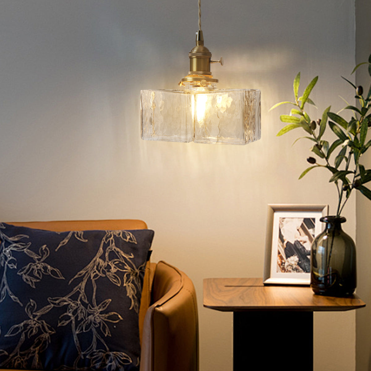 Modern Textured Square Glass Pendant With Brass Fixture for Kitchen Island Lighting