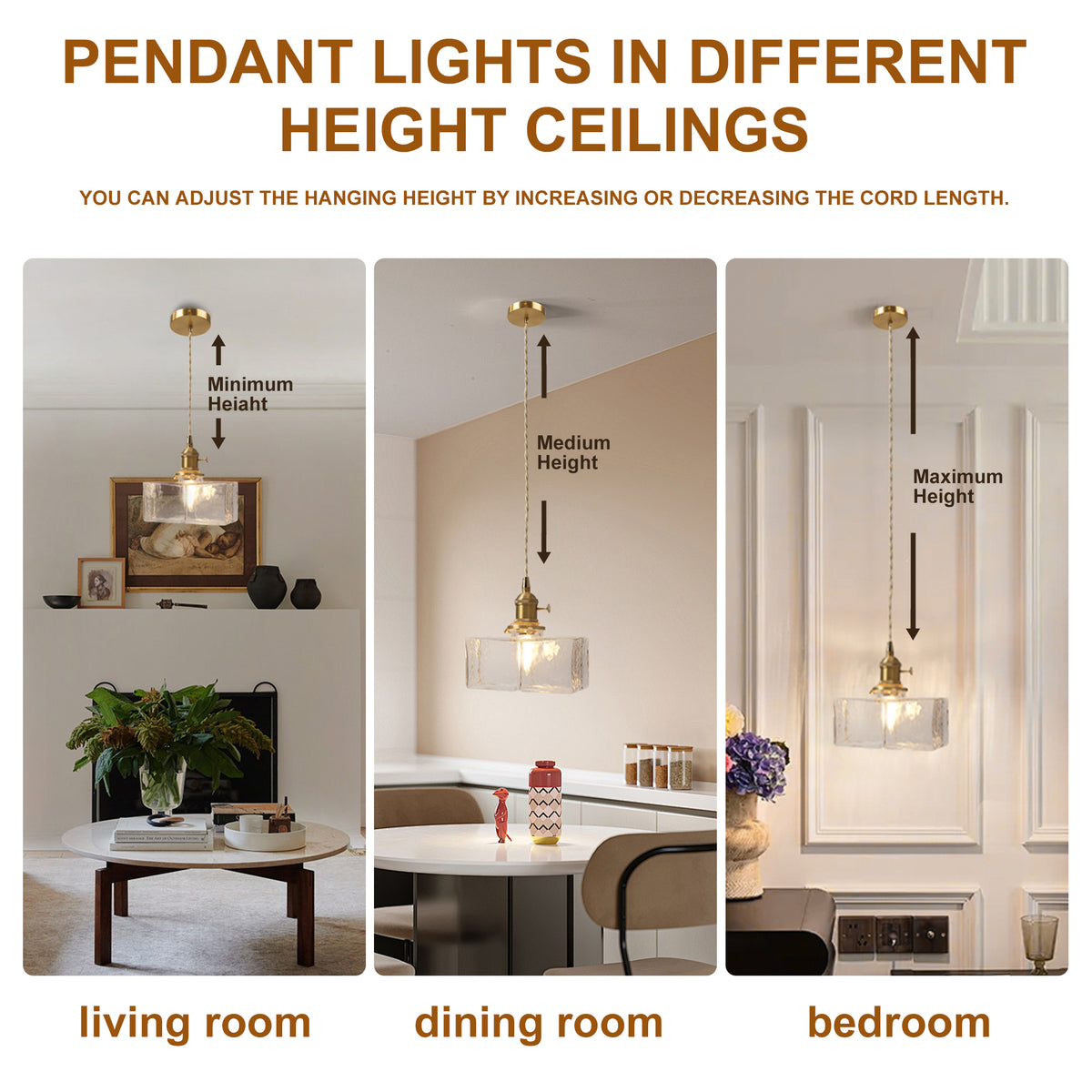 Modern Textured Square Glass Pendant With Brass Fixture for Kitchen Island Lighting