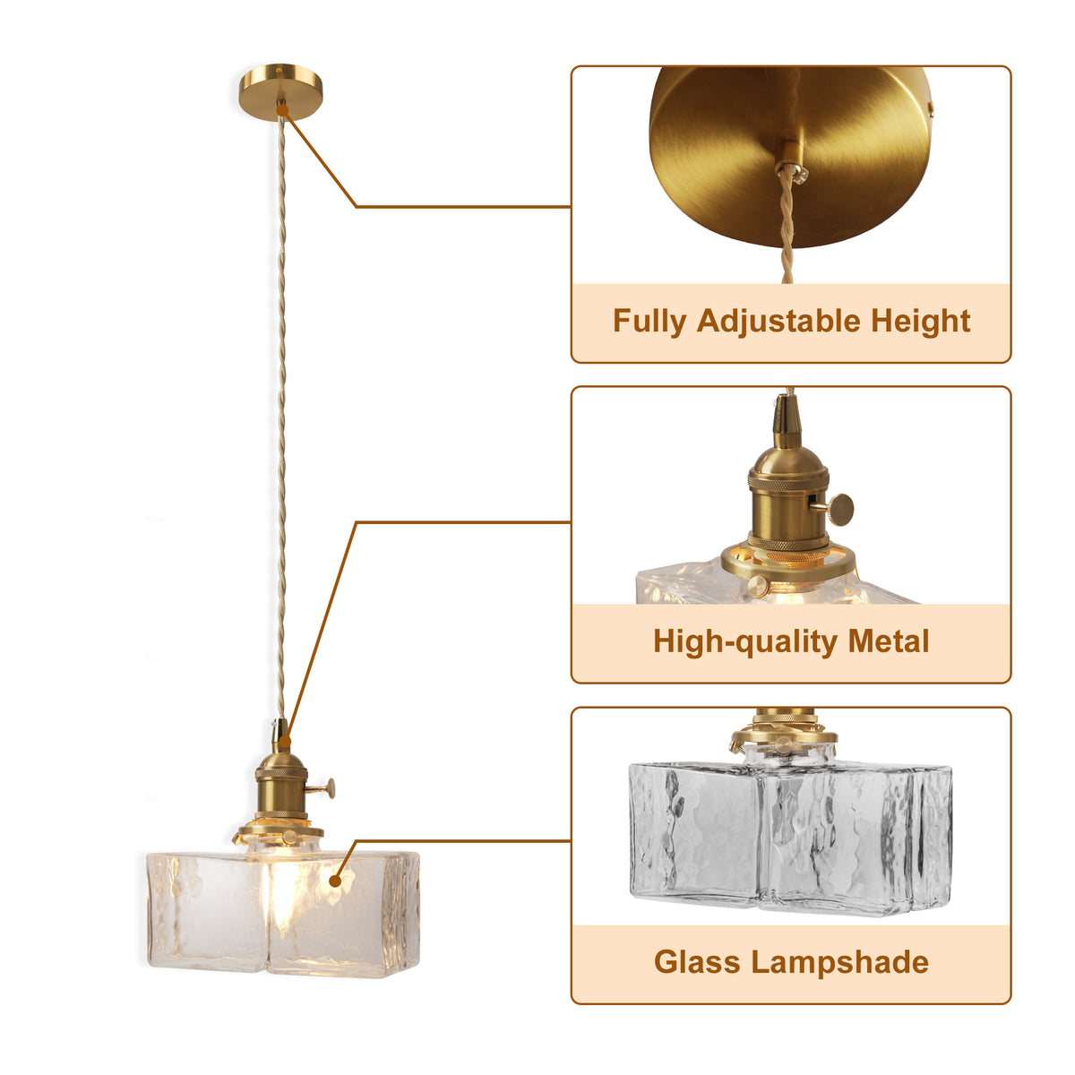 Modern Textured Square Glass Pendant With Brass Fixture for Kitchen Island Lighting