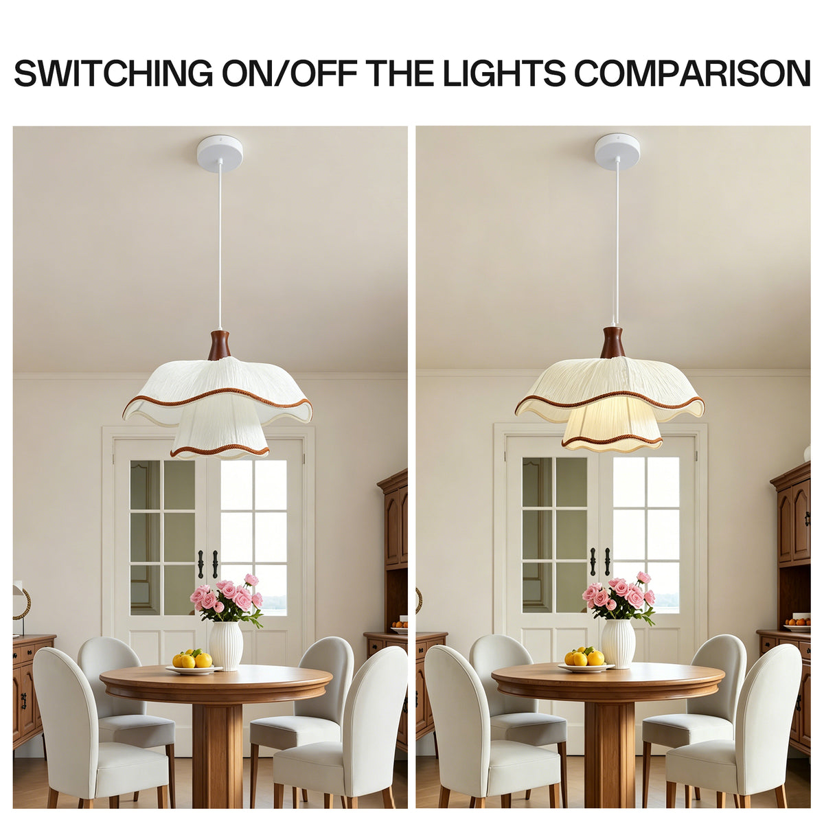 1-Light Scalloped Pleated Fabric Pendant Light with Wood Accent