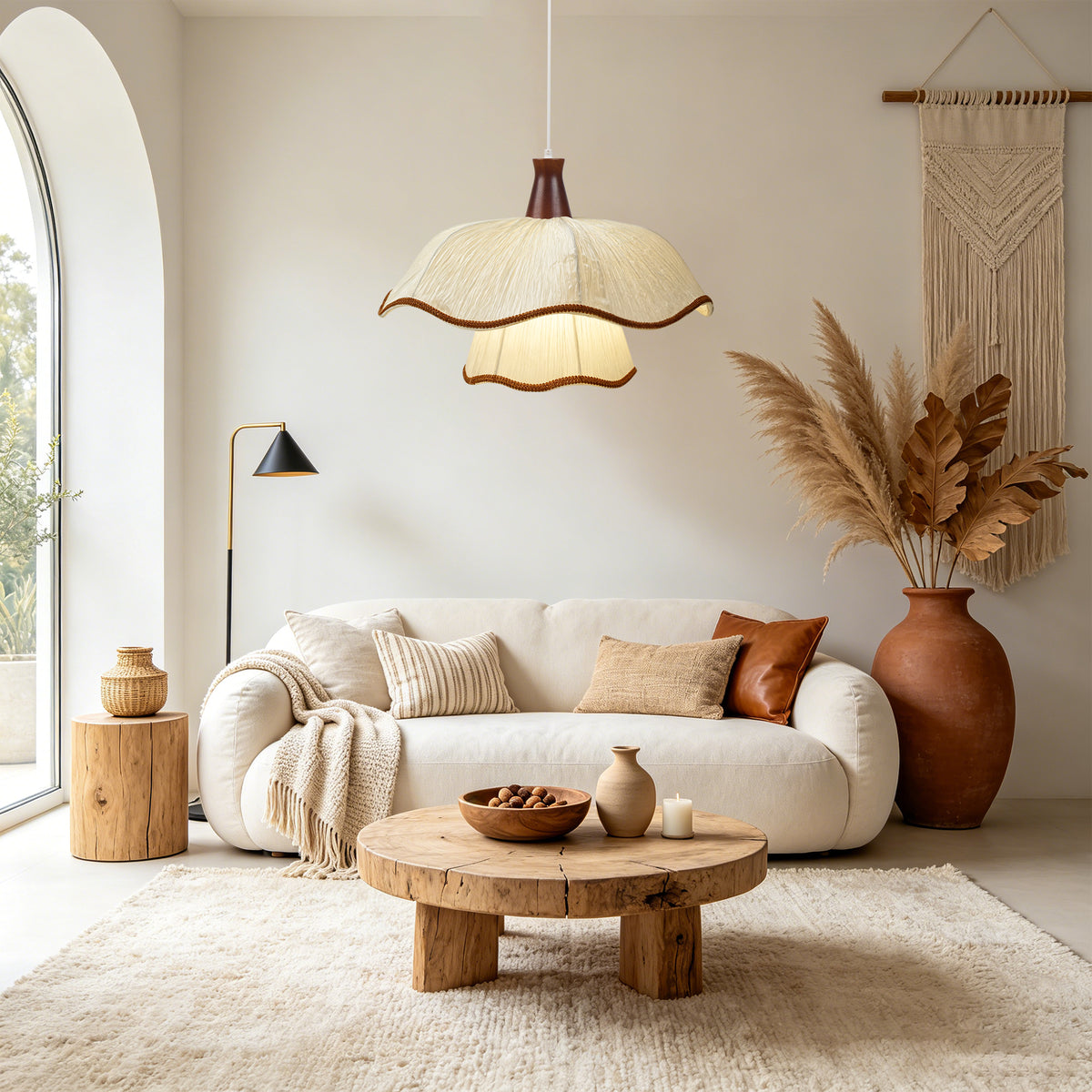 1-Light Scalloped Pleated Fabric Pendant Light with Wood Accent