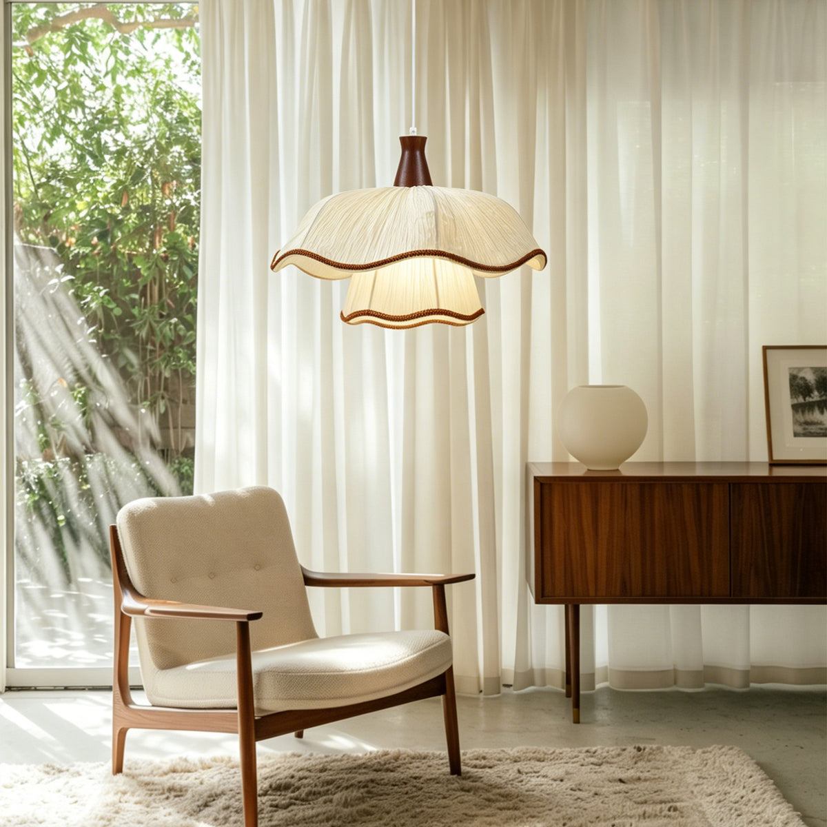 1-Light Scalloped Pleated Fabric Pendant Light with Wood Accent