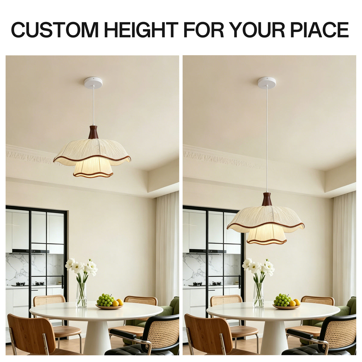 1-Light Scalloped Pleated Fabric Pendant Light with Wood Accent