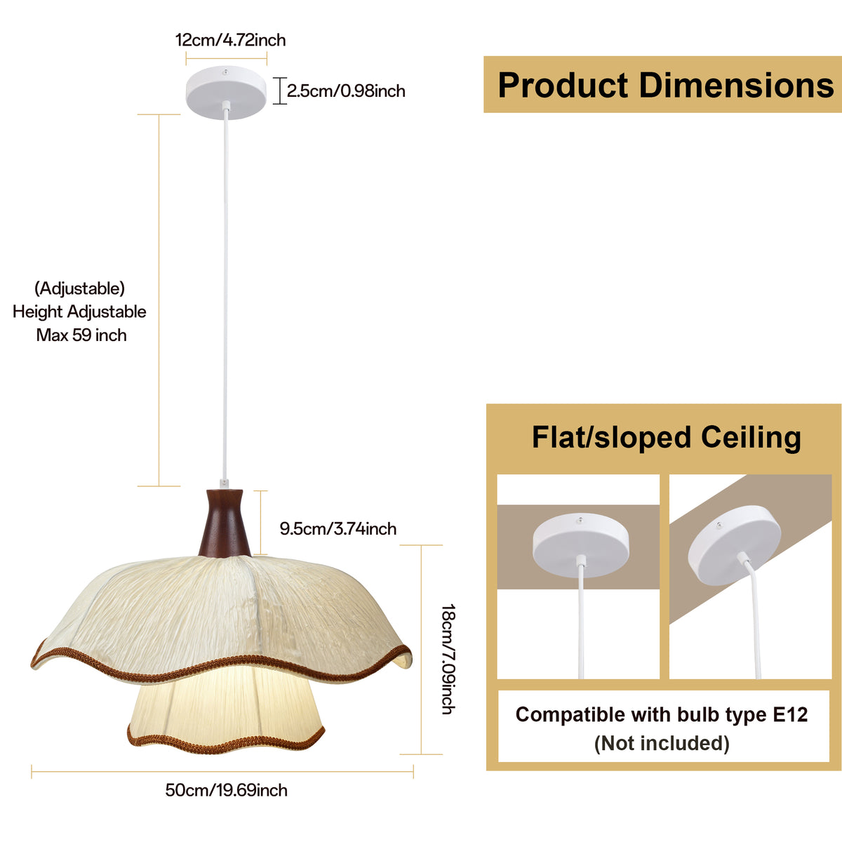 1-Light Scalloped Pleated Fabric Pendant Light with Wood Accent
