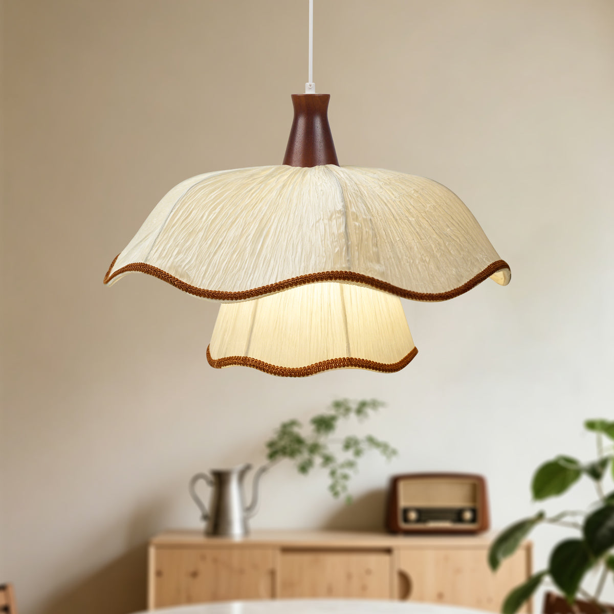 1-Light Scalloped Pleated Fabric Pendant Light with Wood Accent