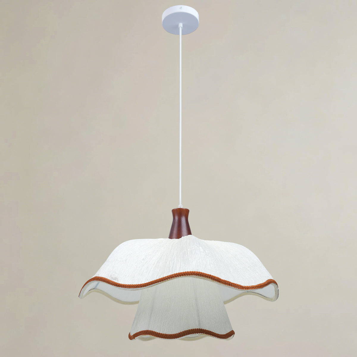 1-Light Scalloped Pleated Fabric Pendant Light with Wood Accent