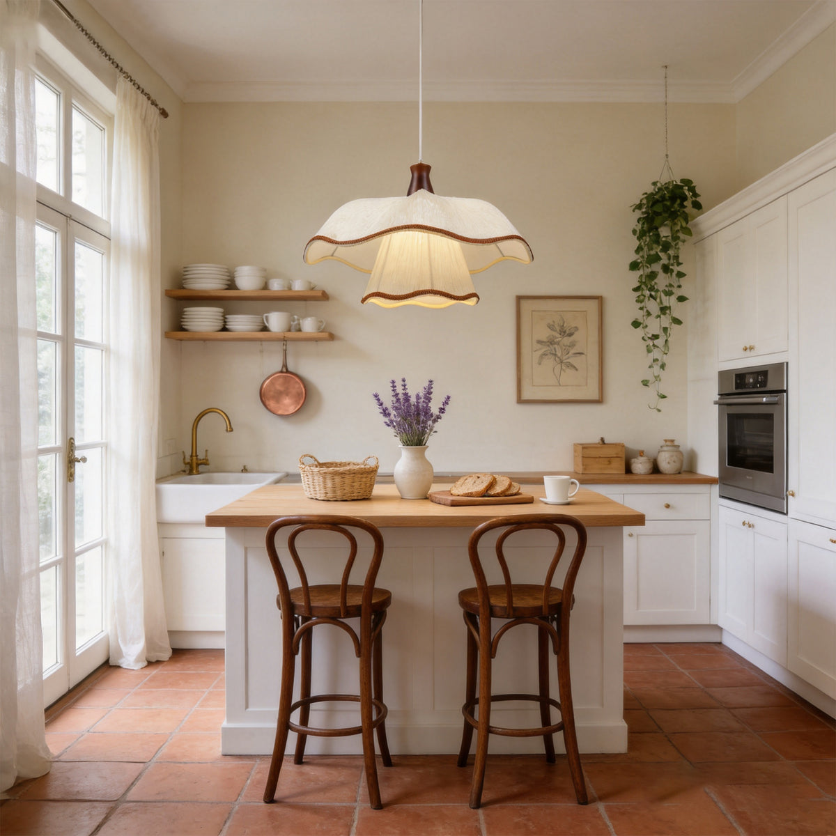 1-Light Scalloped Pleated Fabric Pendant Light with Wood Accent
