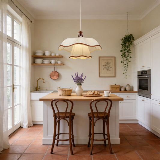 1-Light Scalloped Pleated Fabric Pendant Light with Wood Accent