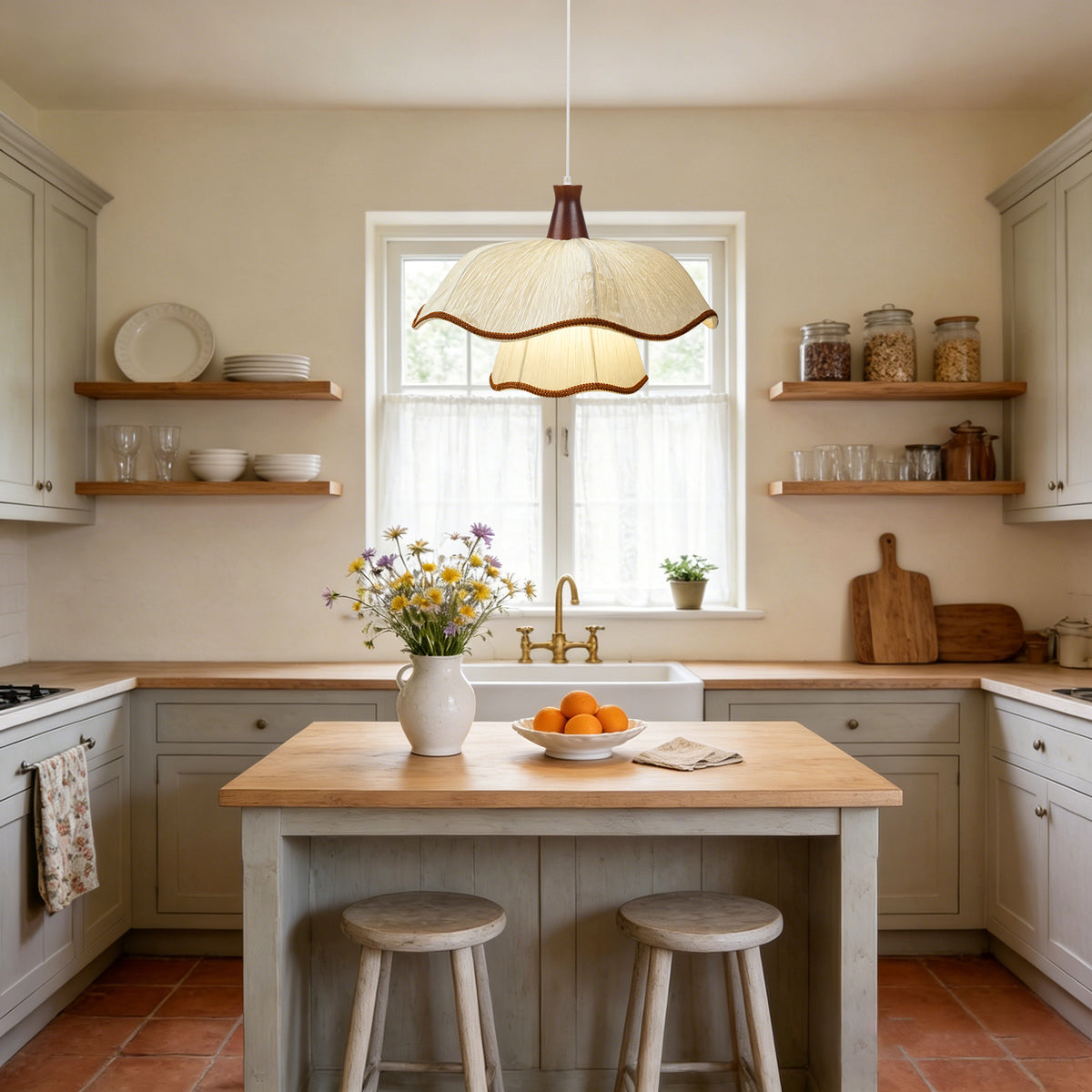 1-Light Scalloped Pleated Fabric Pendant Light with Wood Accent