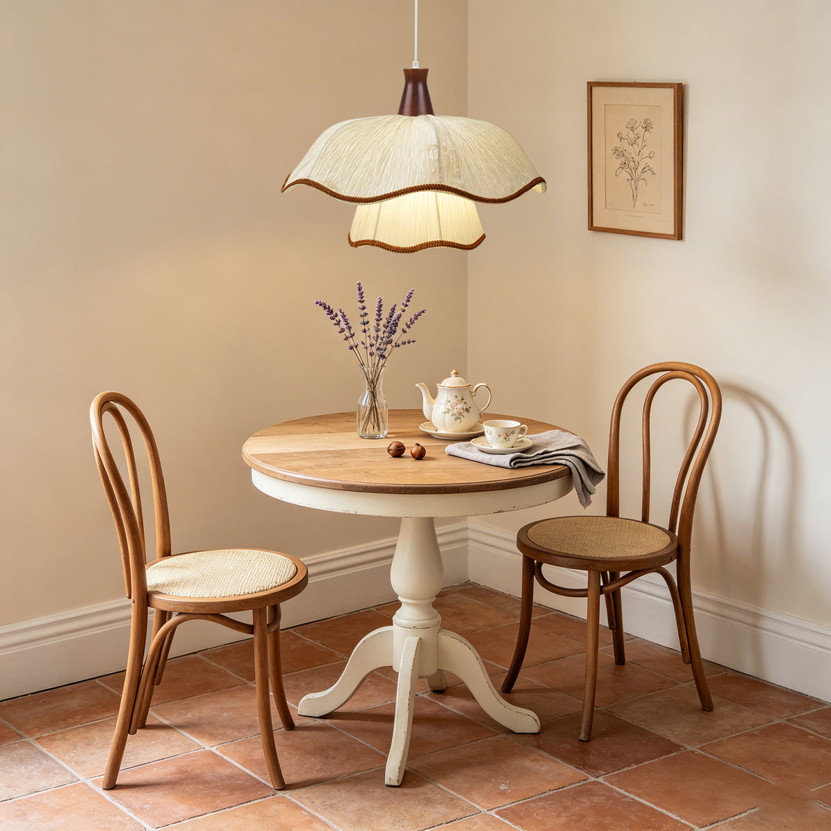 1-Light Scalloped Pleated Fabric Pendant Light with Wood Accent