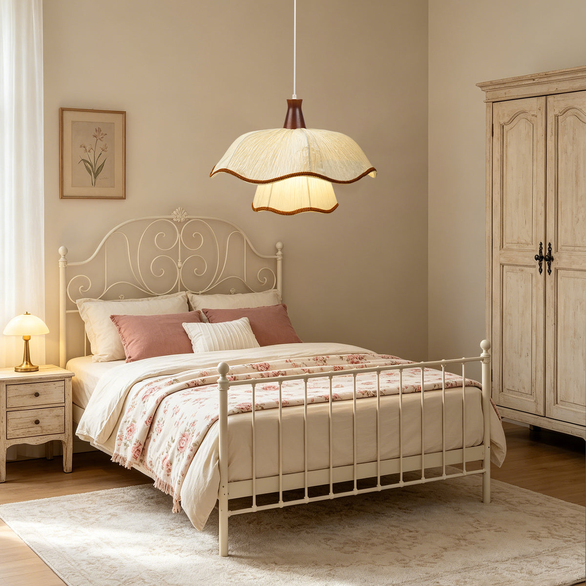 1-Light Scalloped Pleated Fabric Pendant Light with Wood Accent