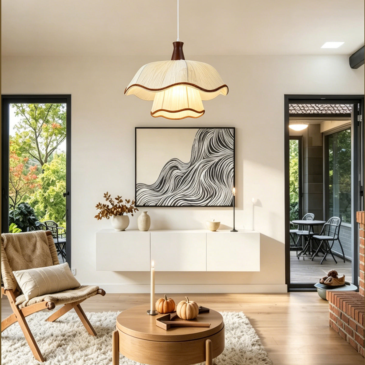 1-Light Scalloped Pleated Fabric Pendant Light with Wood Accent