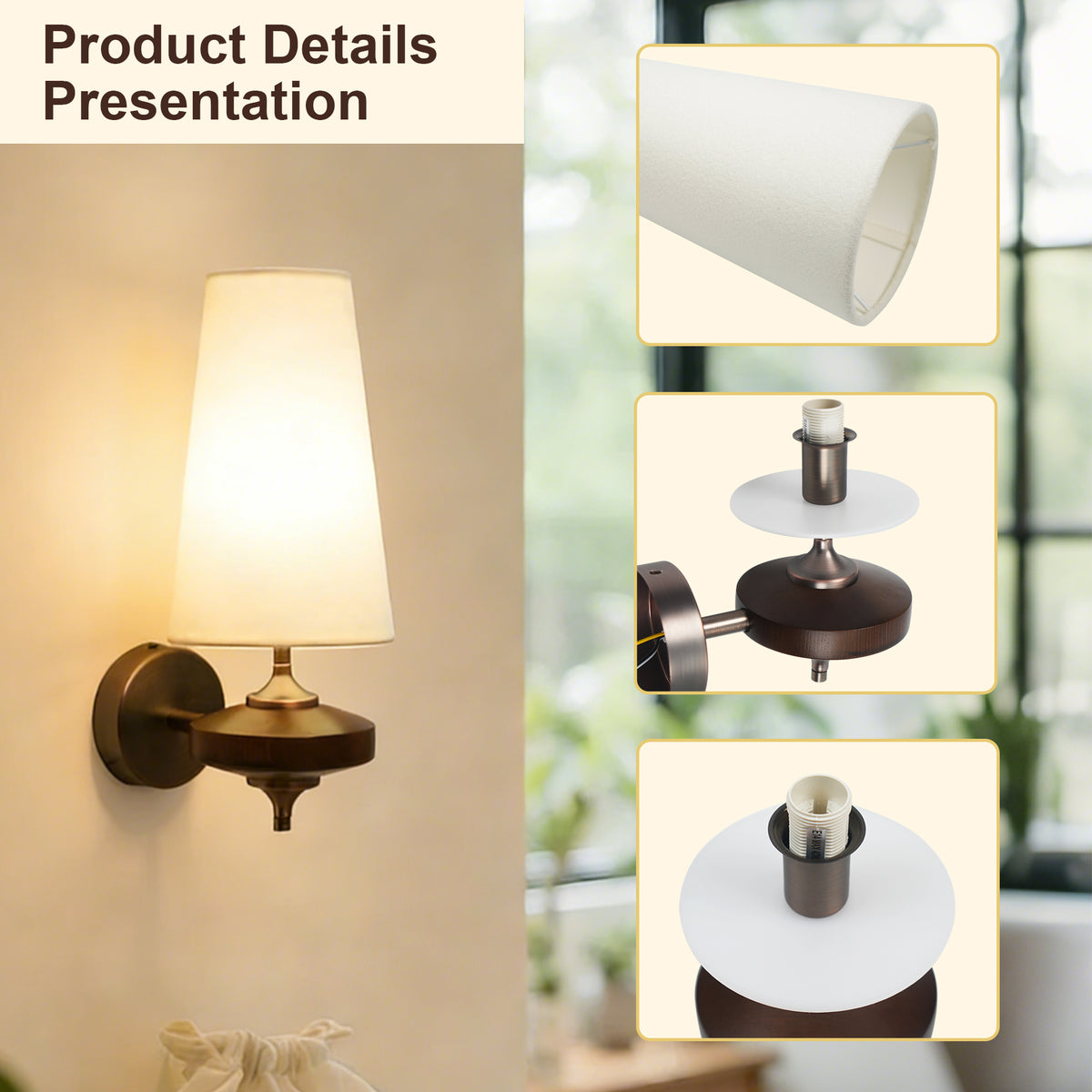 Dehowell Retro Wall Sconce with Fabric Shade and Wood Base (Set of 2)