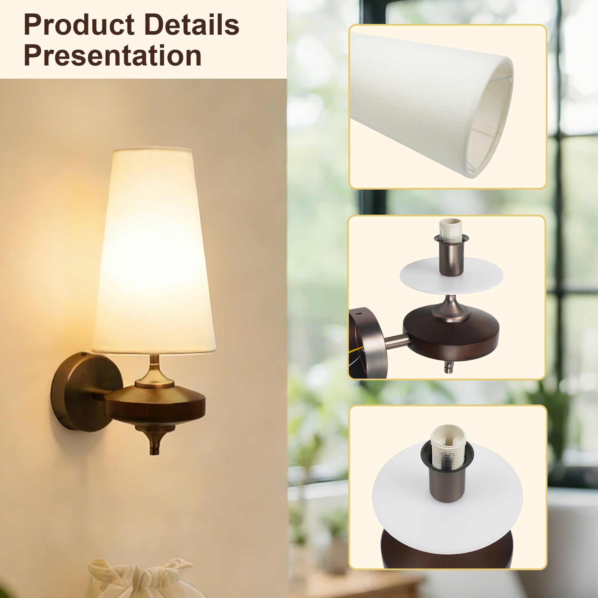 Dehowell Retro Wall Sconce with Fabric Shade and Wood Base (Set of 2)