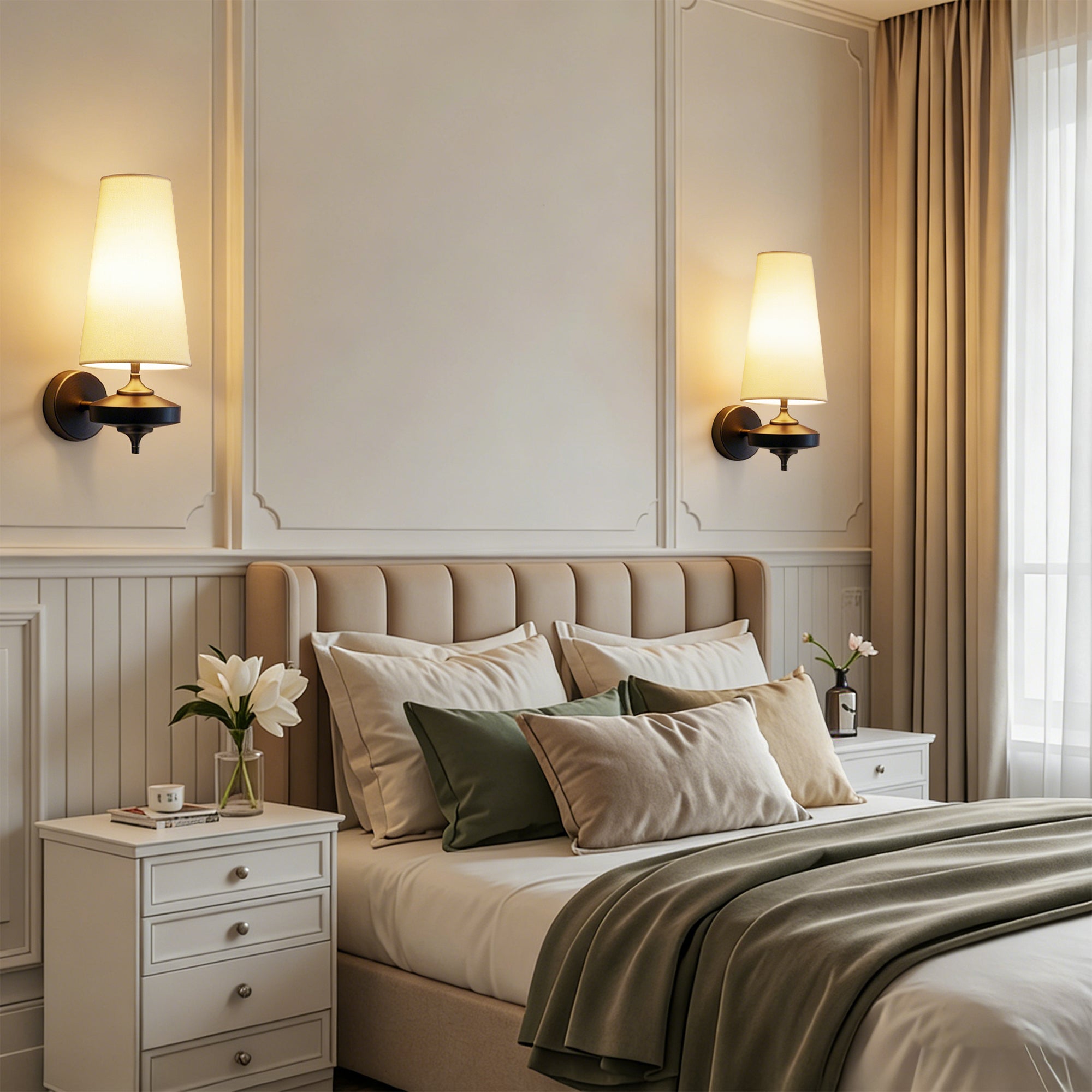 Dehowell Retro Wall Sconce with Fabric Shade and Wood Base (Set of 2)