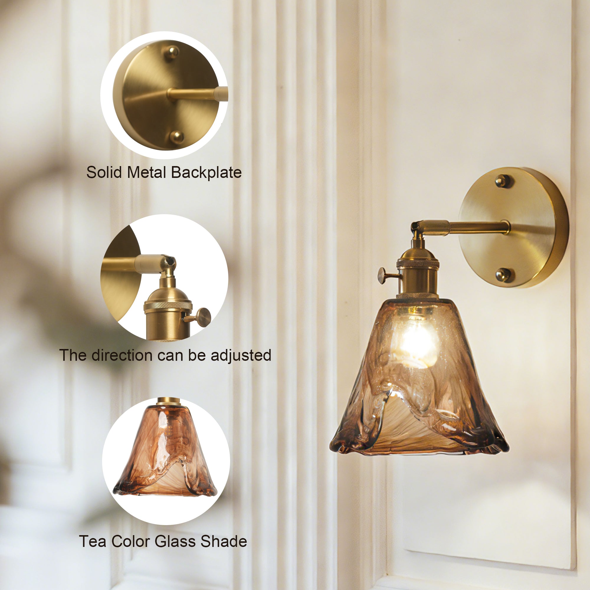 Dehowell 2 lights Adjustable Metal Armed Wall Sconce with Amber Glass Lampeshade