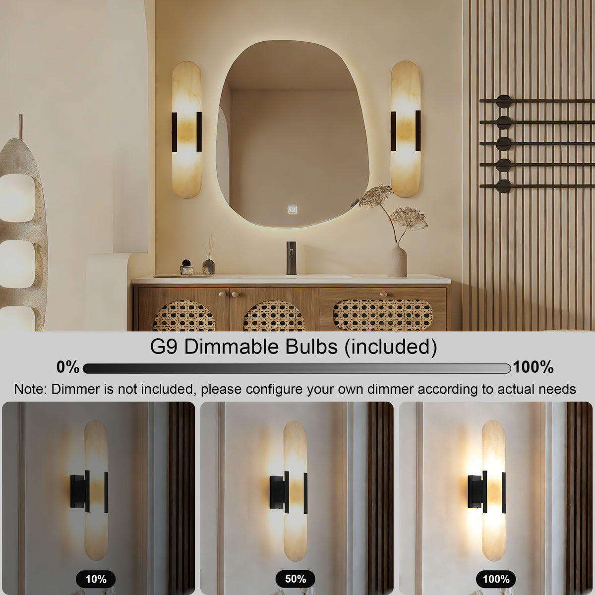 Dehowell 19.7in Dimmable Wall Mounted Sconce with Alabaster Shade,Modern 2-lights Wall Light with G9 Bulbs (Set of 2)