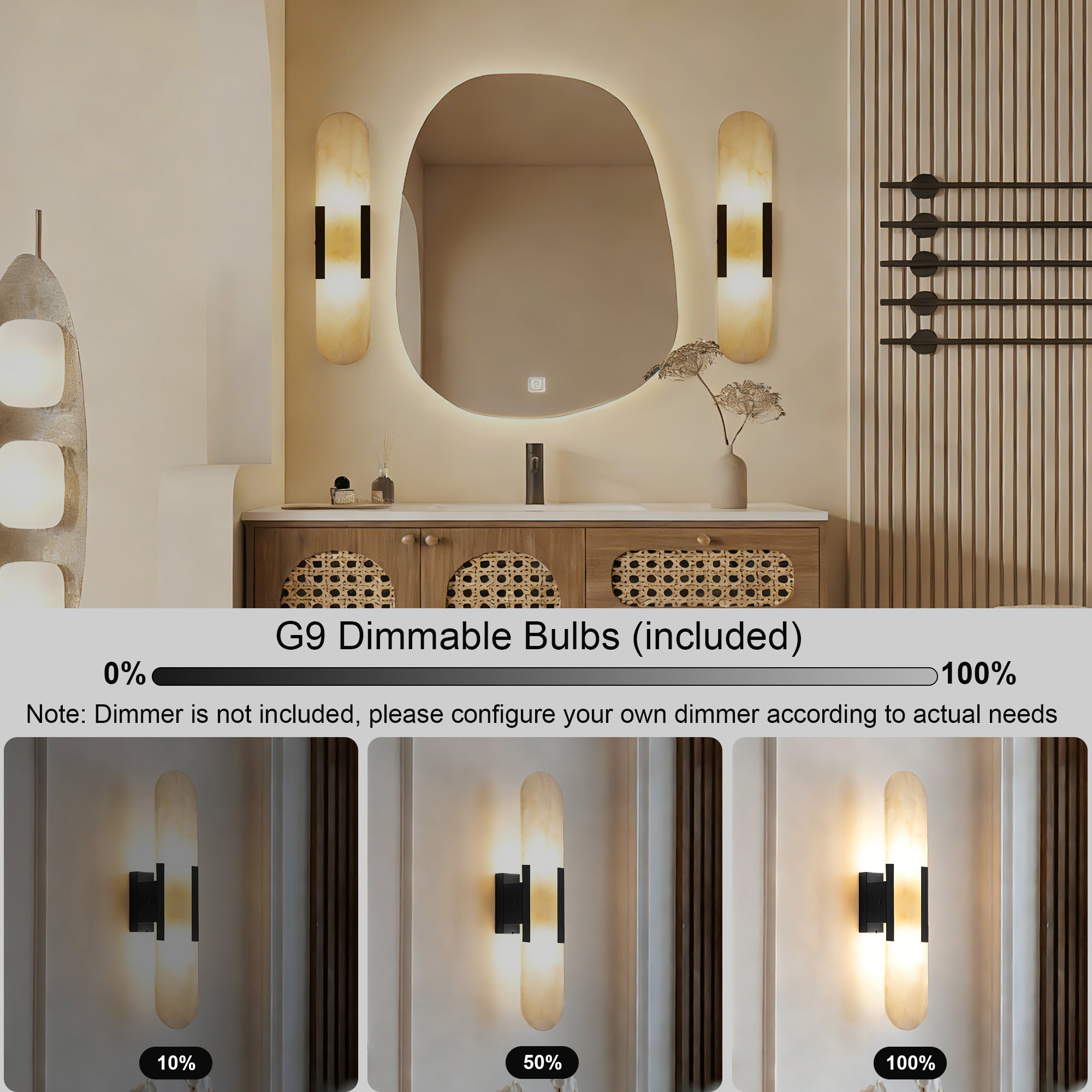 Dehowell 19.7in Dimmable Wall Mounted Sconce with Alabaster Shade,Modern 2-lights Wall Light with G9 Bulbs (Set of 2)