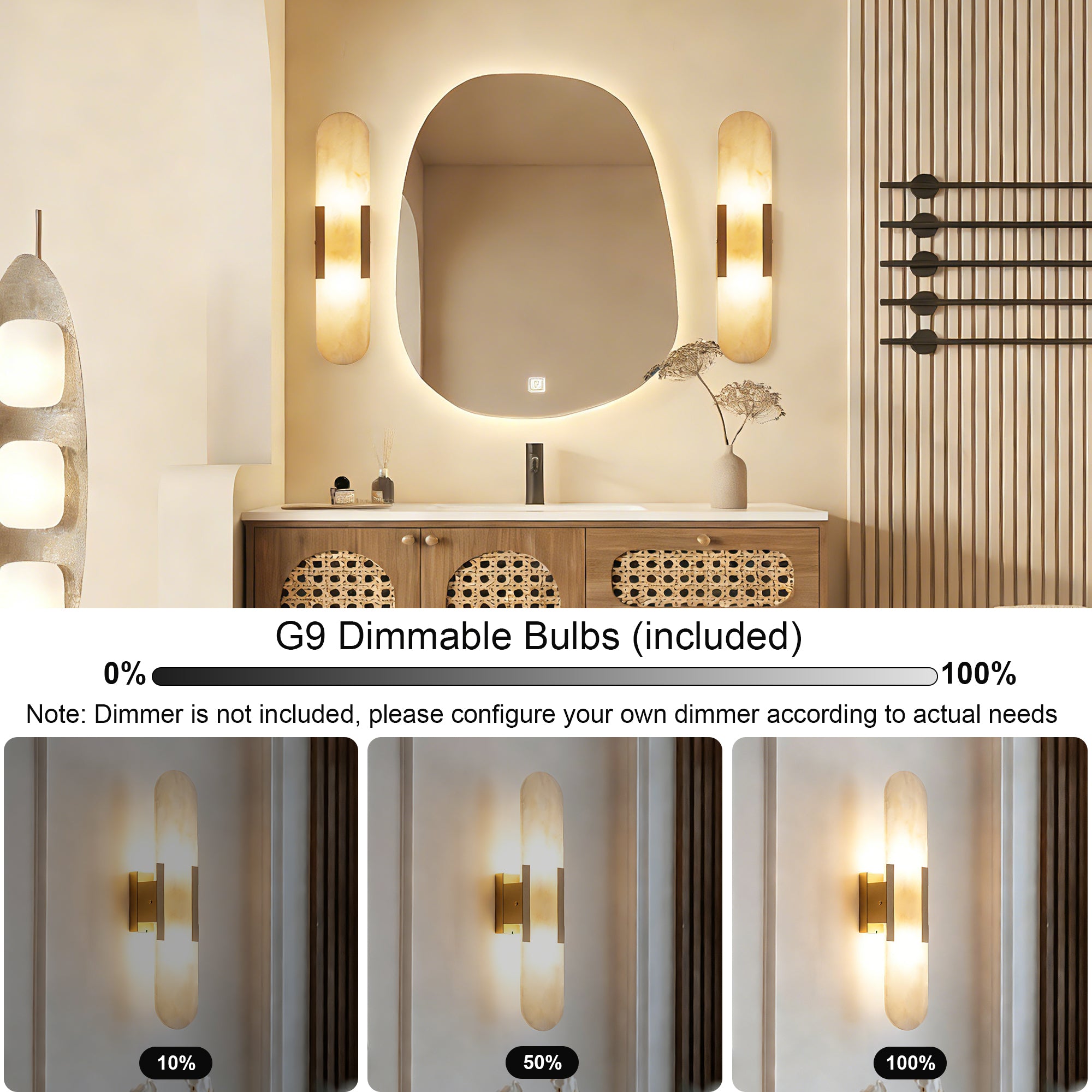 Dehowell 19.7in Dimmable Wall Mounted Sconce with Alabaster Shade,Modern 2-lights Wall Light with G9 Bulbs (Set of 2)