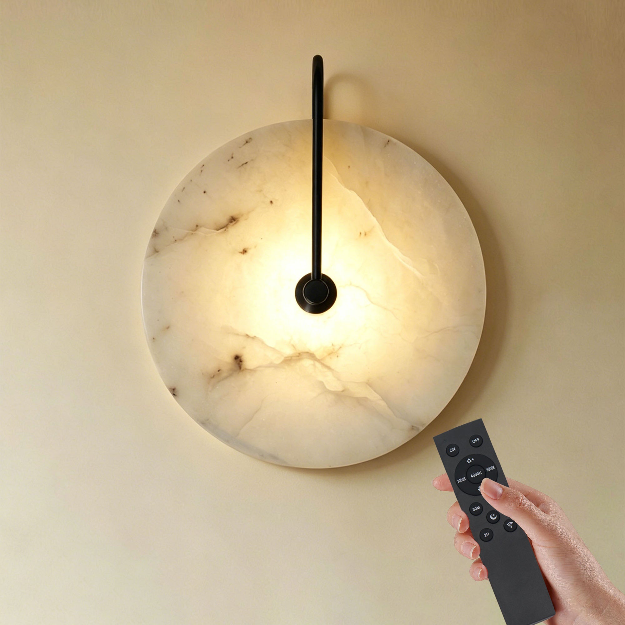 Dehowell 9.84in Round Modern Dimmable Led Alabaster Wall Sconce With Remote Control, Brass Accent