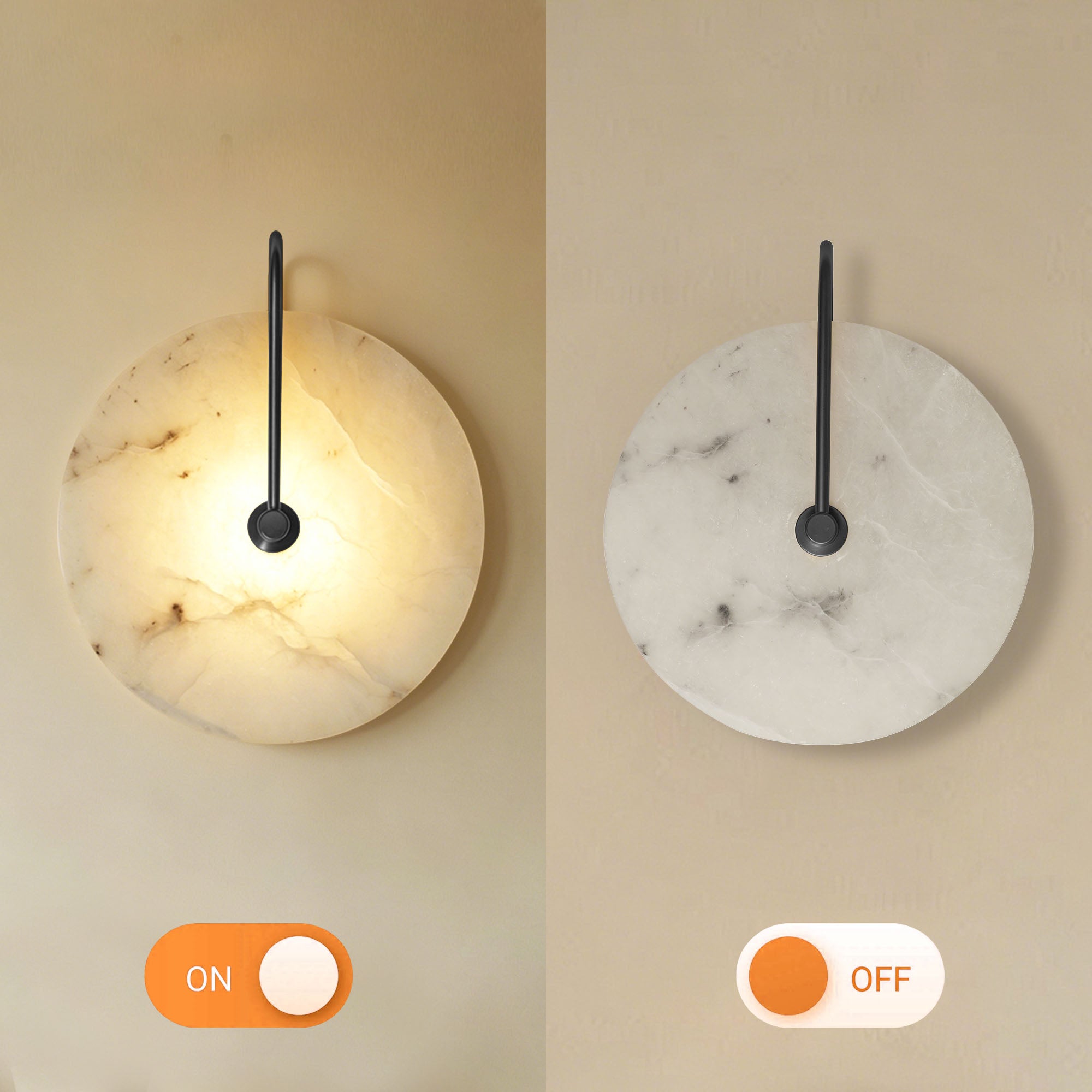 Dehowell 9.84in Round Modern Dimmable Led Alabaster Wall Sconce With Remote Control, Brass Accent