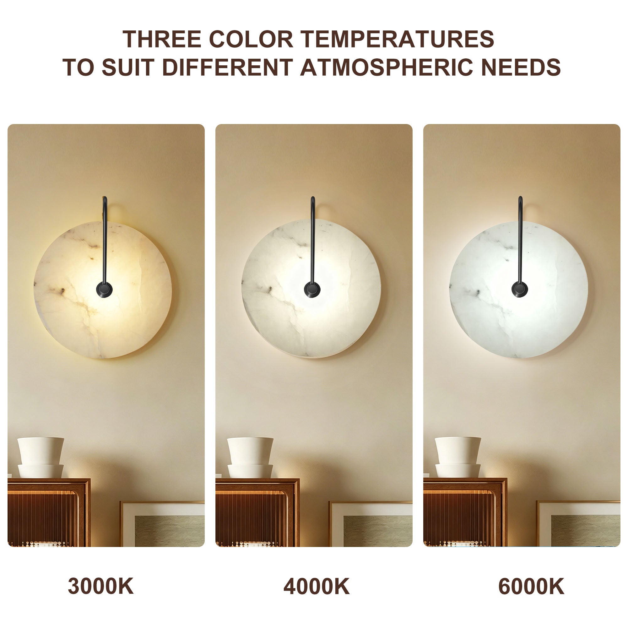 Dehowell 9.84in Round Modern Dimmable Led Alabaster Wall Sconce With Remote Control, Brass Accent