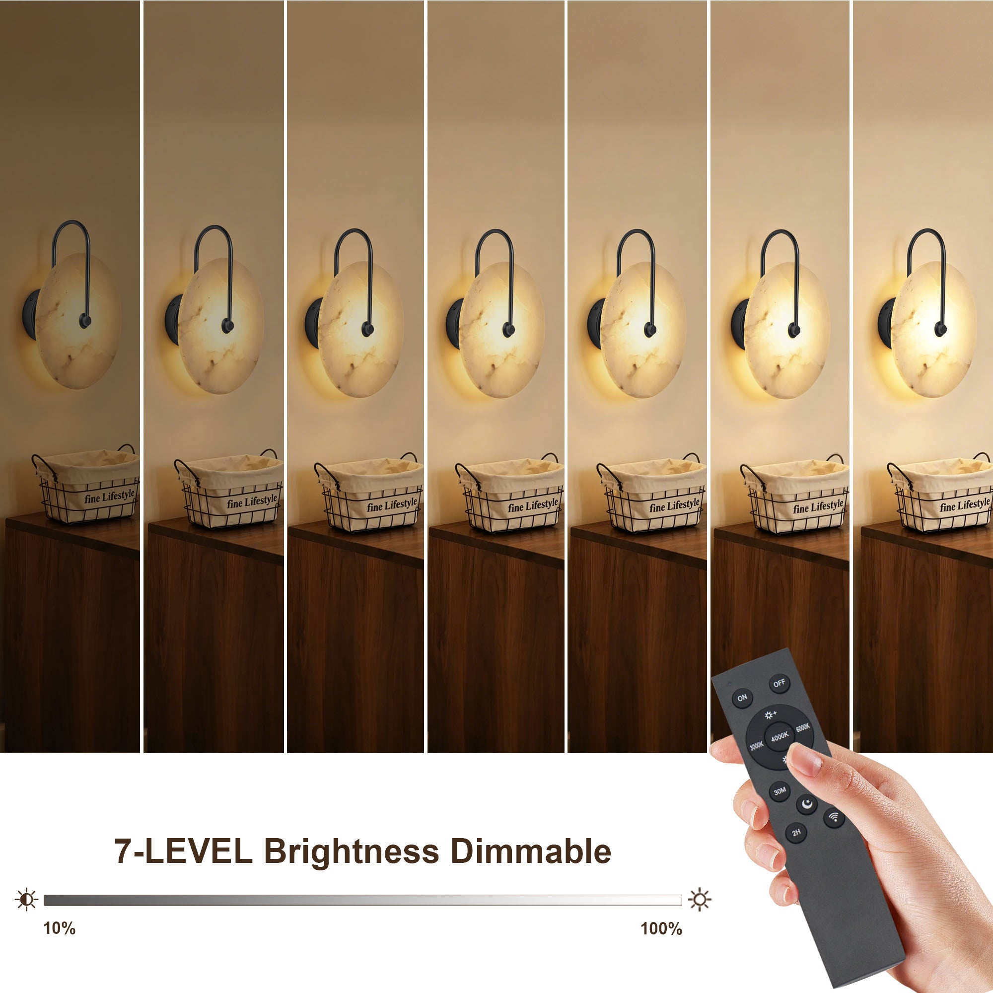 Dehowell 9.84in Round Modern Dimmable Led Alabaster Wall Sconce With Remote Control, Brass Accent