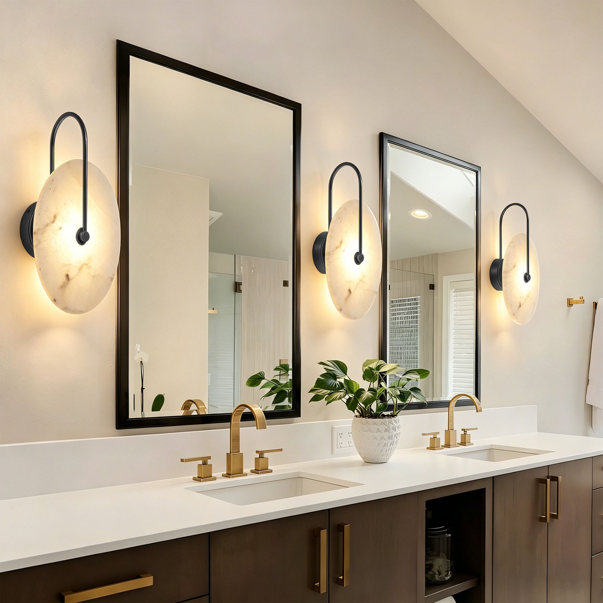 Dehowell 9.84in Round Modern Dimmable Led Alabaster Wall Sconce With Remote Control, Brass Accent