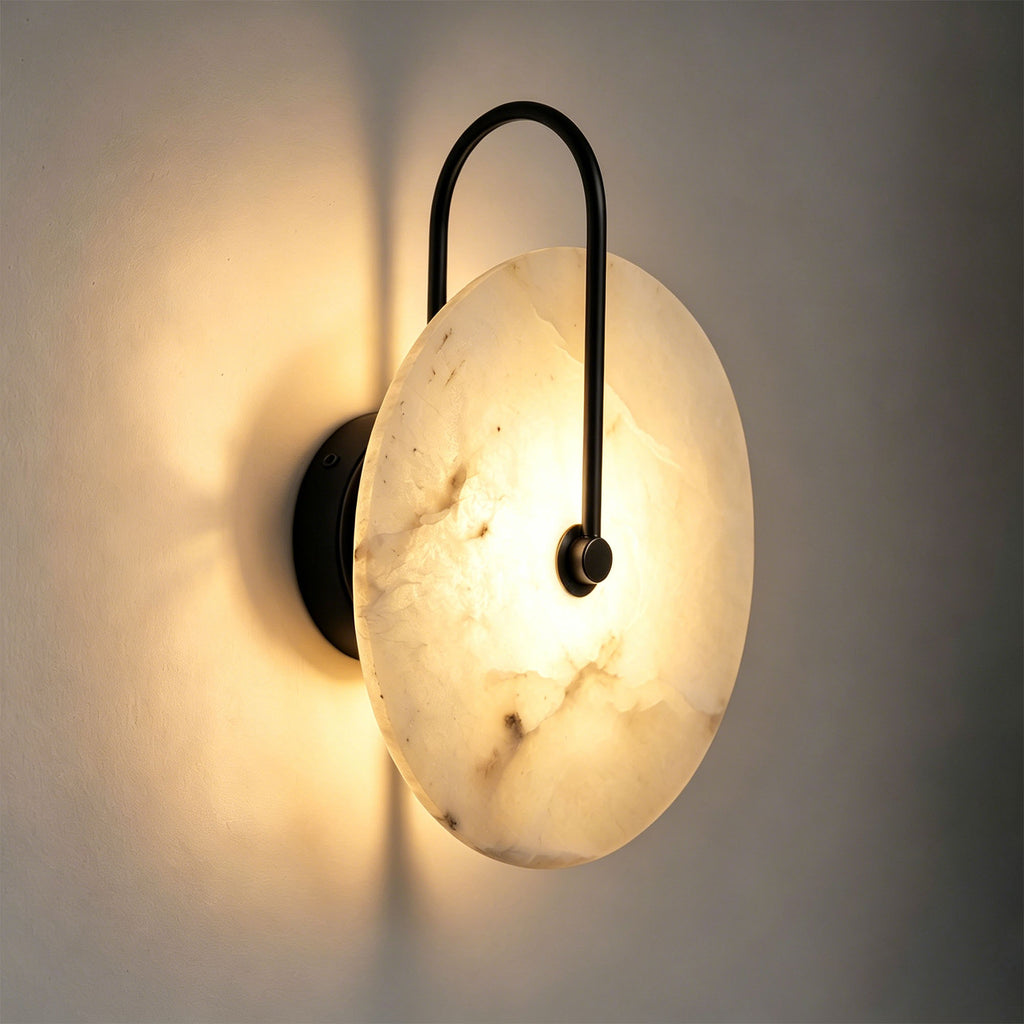 Dehowell 9.84in Round Modern Dimmable Led Alabaster Wall Sconce With Remote Control, Brass Accent