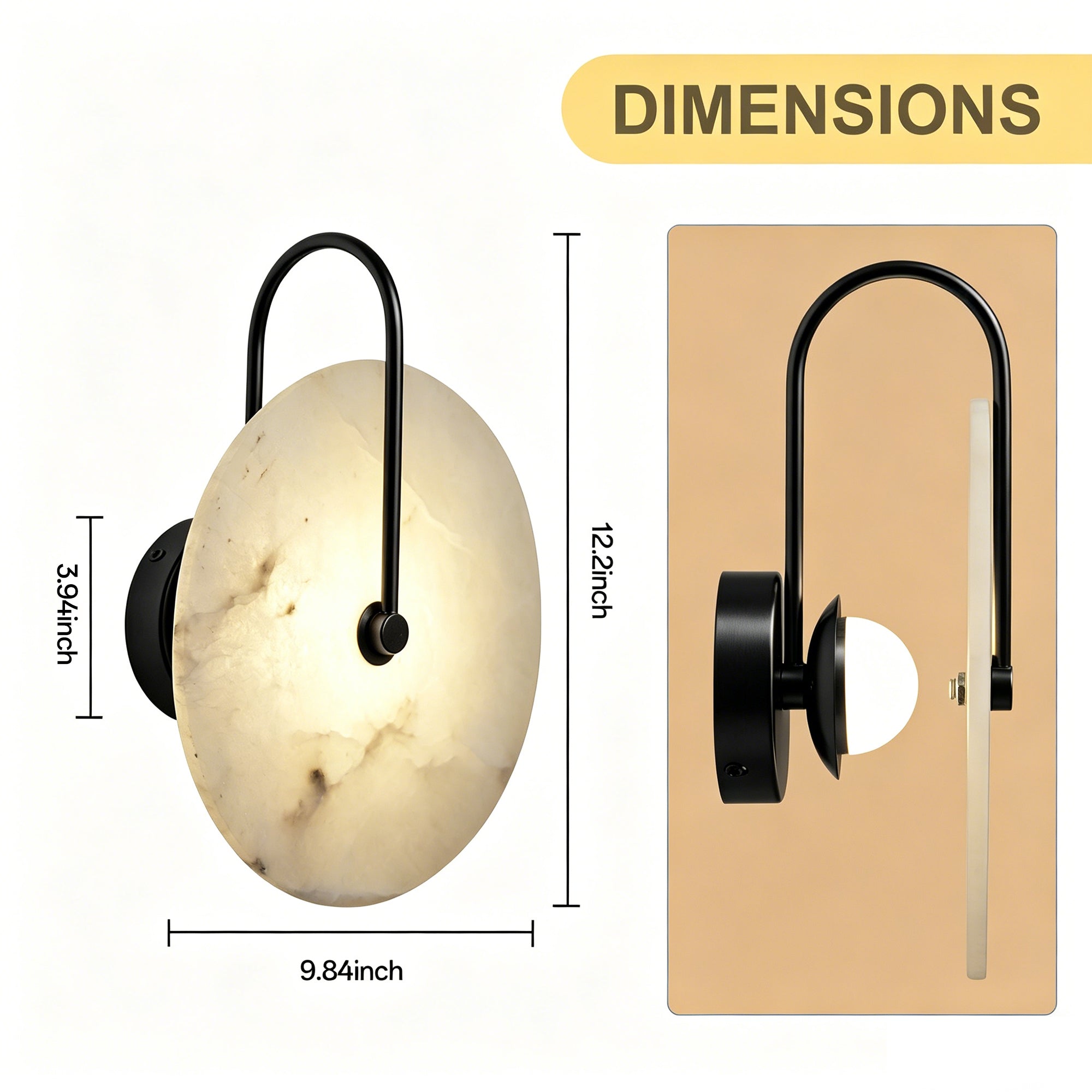 Dehowell 9.84in Round Modern Dimmable Led Alabaster Wall Sconce With Remote Control, Brass Accent