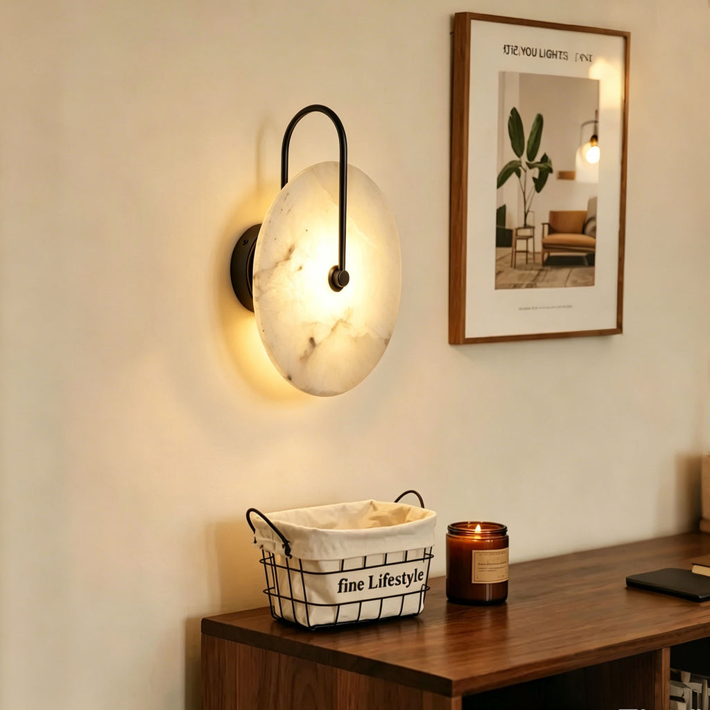 Dehowell 9.84in Round Modern Dimmable Led Alabaster Wall Sconce With Remote Control, Brass Accent