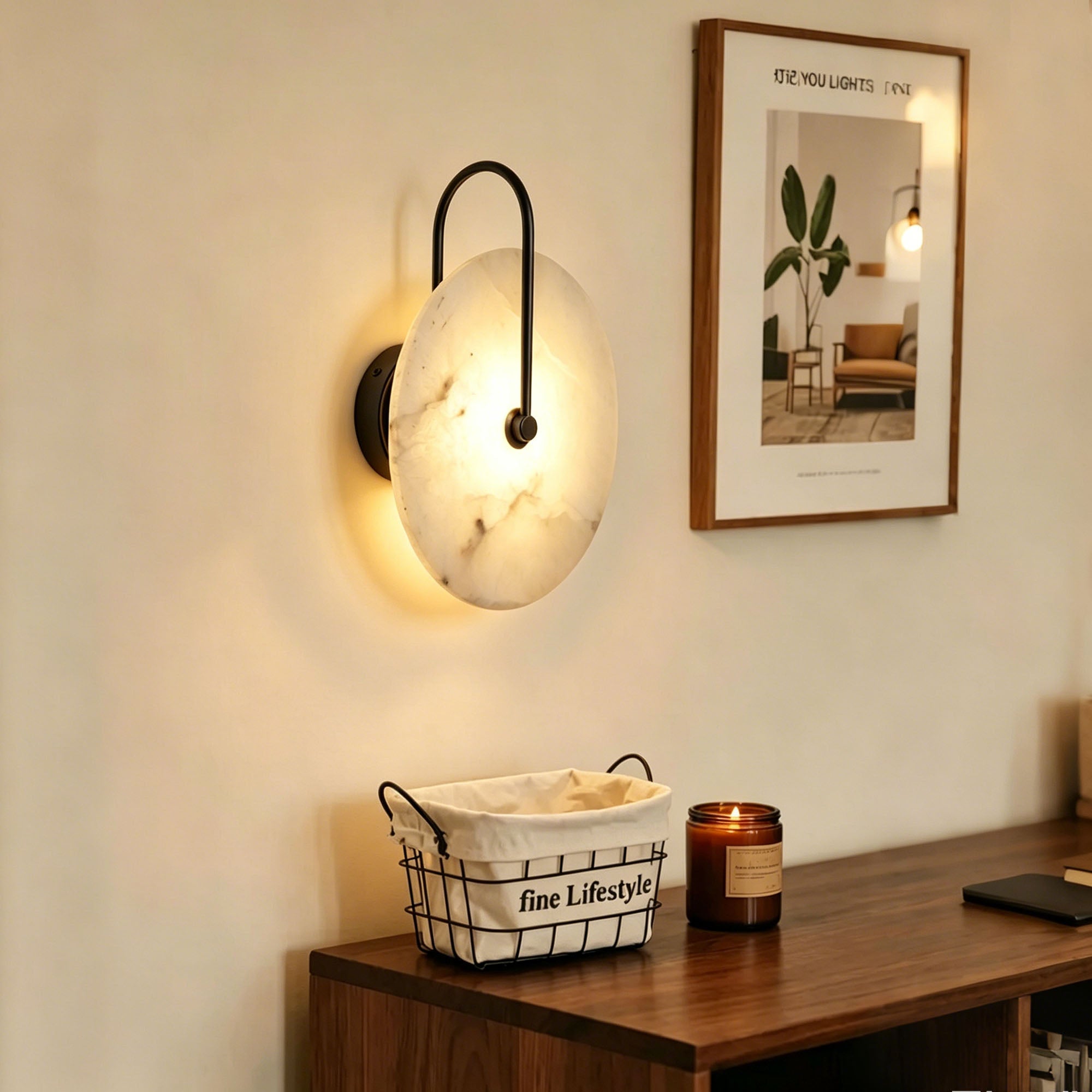 Dehowell 9.84in Round Modern Dimmable Led Alabaster Wall Sconce With Remote Control, Brass Accent