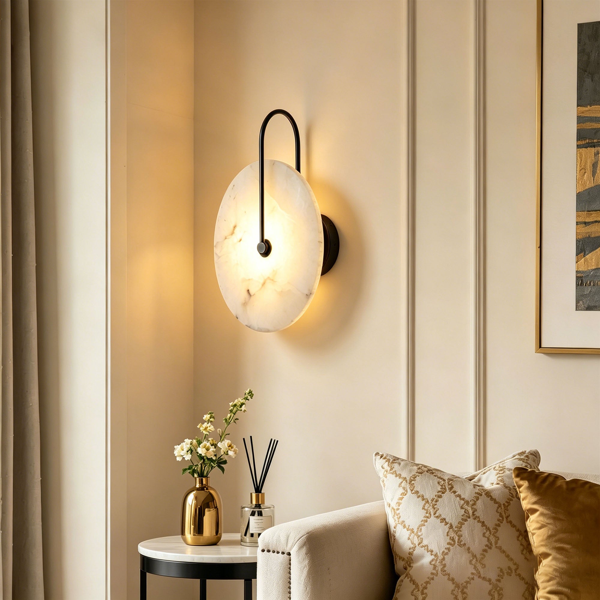Dehowell 9.84in Round Modern Dimmable Led Alabaster Wall Sconce With Remote Control, Brass Accent