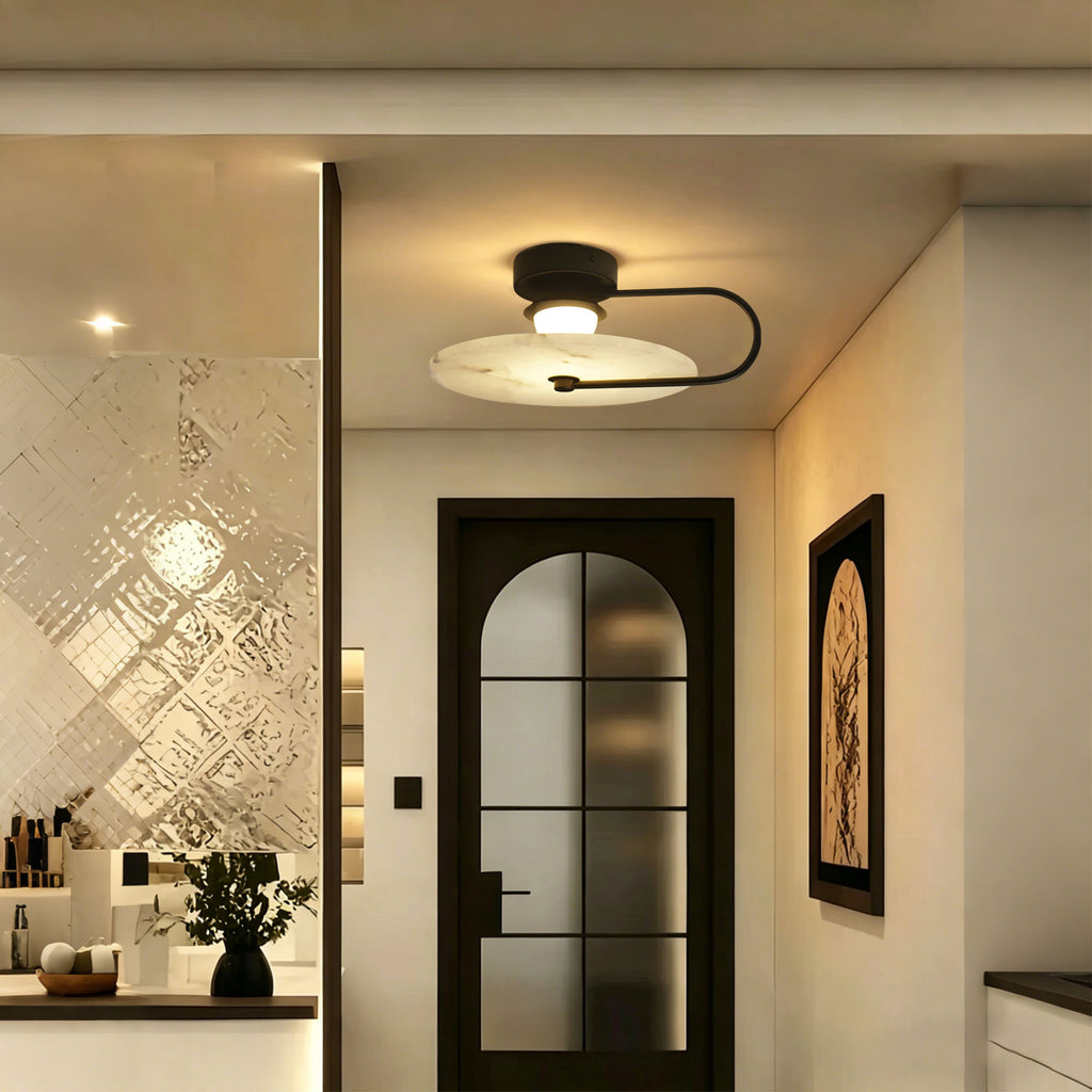 Dehowell 9.84in Round Modern Dimmable Led Alabaster Wall Sconce With Remote Control, Brass Accent