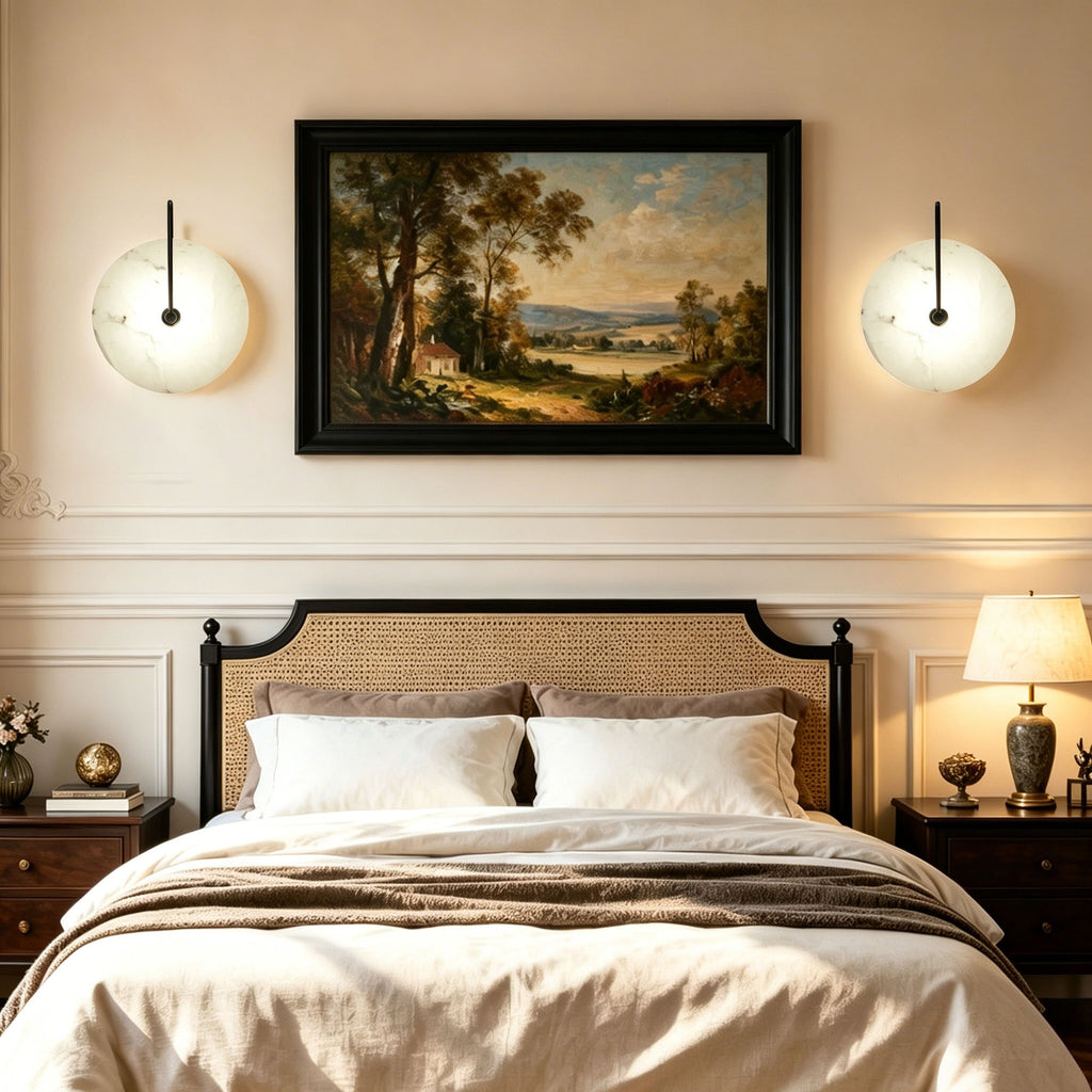 Dehowell 9.84in Round Modern Dimmable Led Alabaster Wall Sconce With Remote Control, Brass Accent