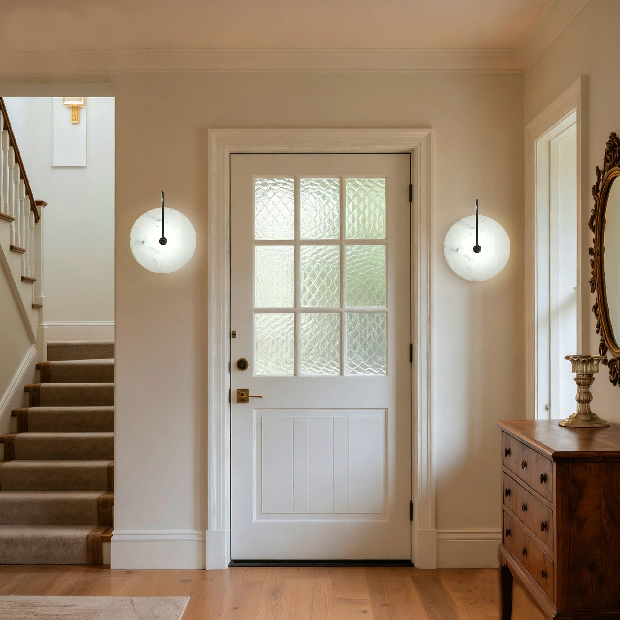 Dehowell 9.84in Round Modern Dimmable Led Alabaster Wall Sconce With Remote Control, Brass Accent