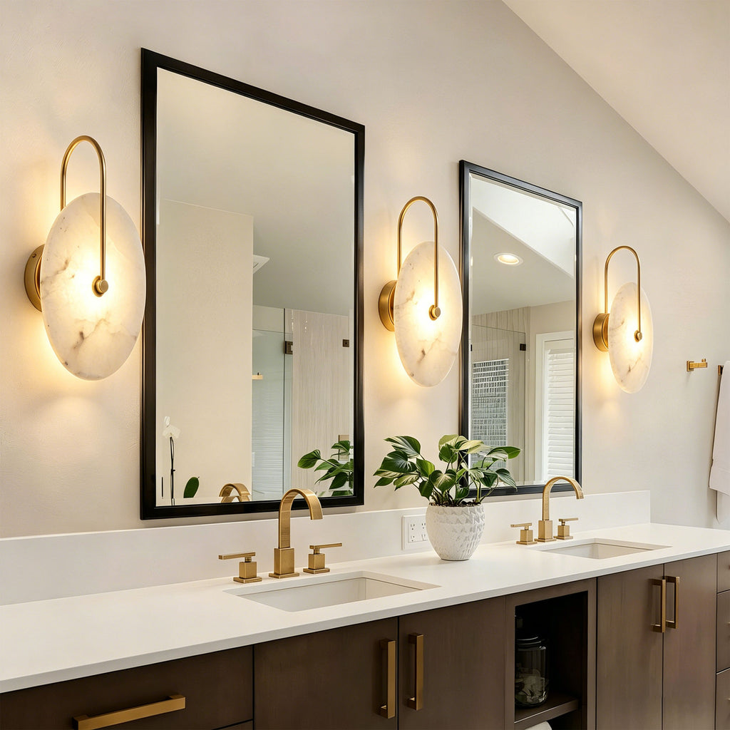 Dehowell 9.84in Round Modern Dimmable Led Alabaster Wall Sconce With Remote Control, Brass Accent