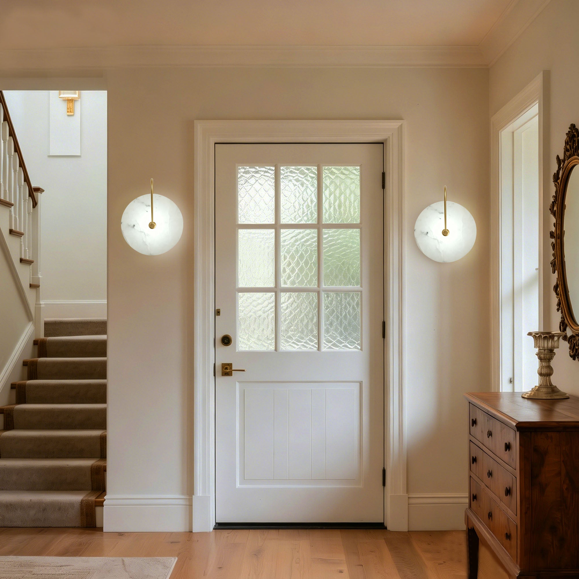 Dehowell 9.84in Round Modern Dimmable Led Alabaster Wall Sconce With Remote Control, Brass Accent