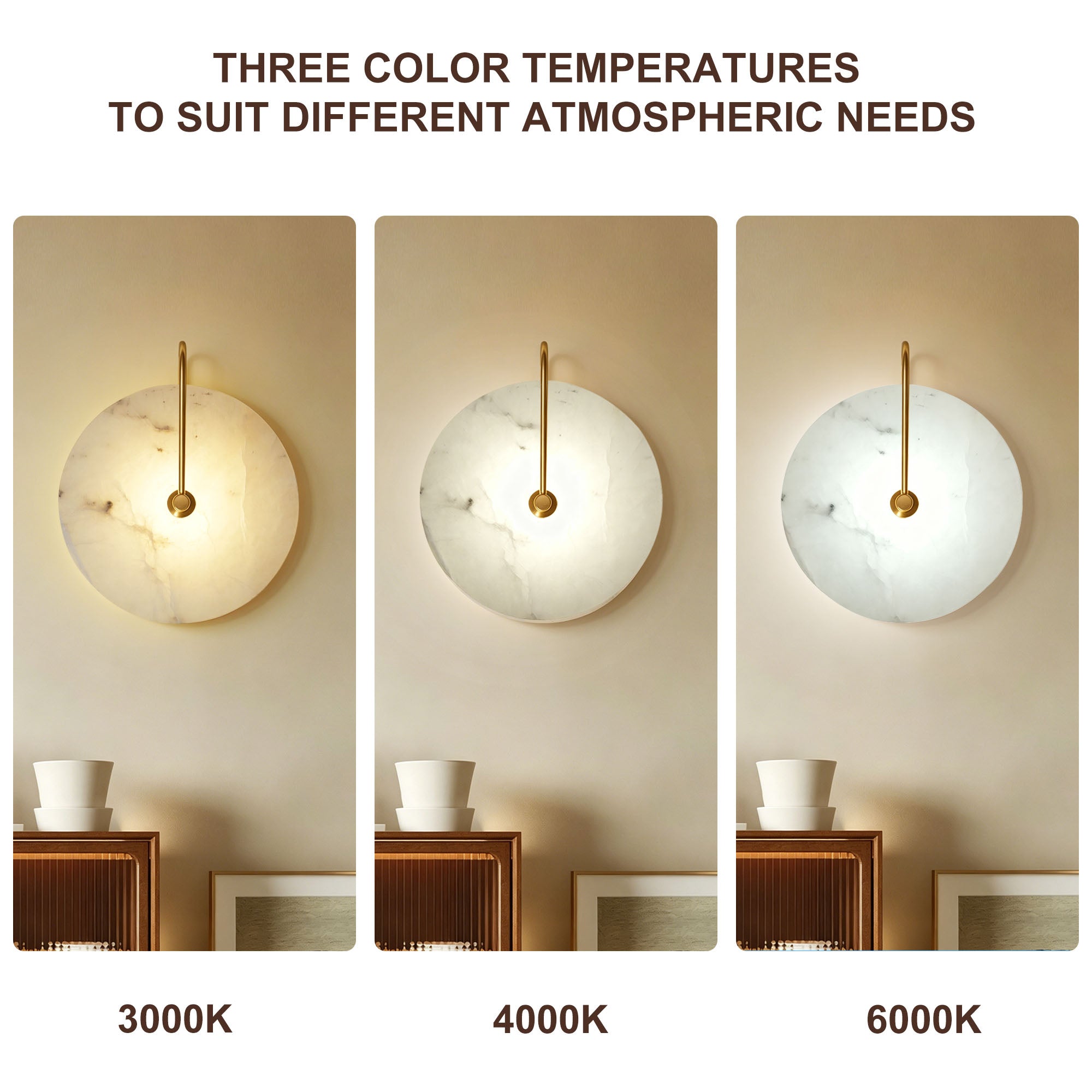 Dehowell 9.84in Round Modern Dimmable Led Alabaster Wall Sconce With Remote Control, Brass Accent
