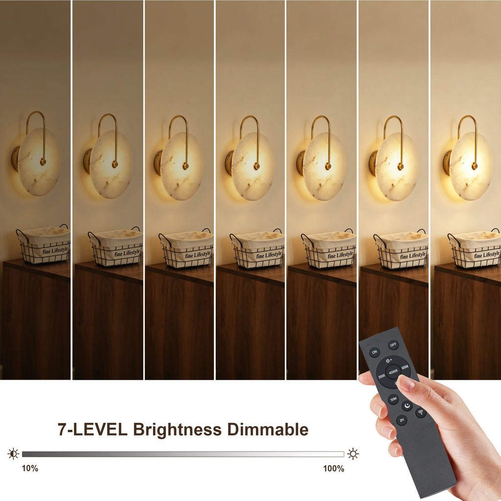 Dehowell 9.84in Round Modern Dimmable Led Alabaster Wall Sconce With Remote Control, Brass Accent